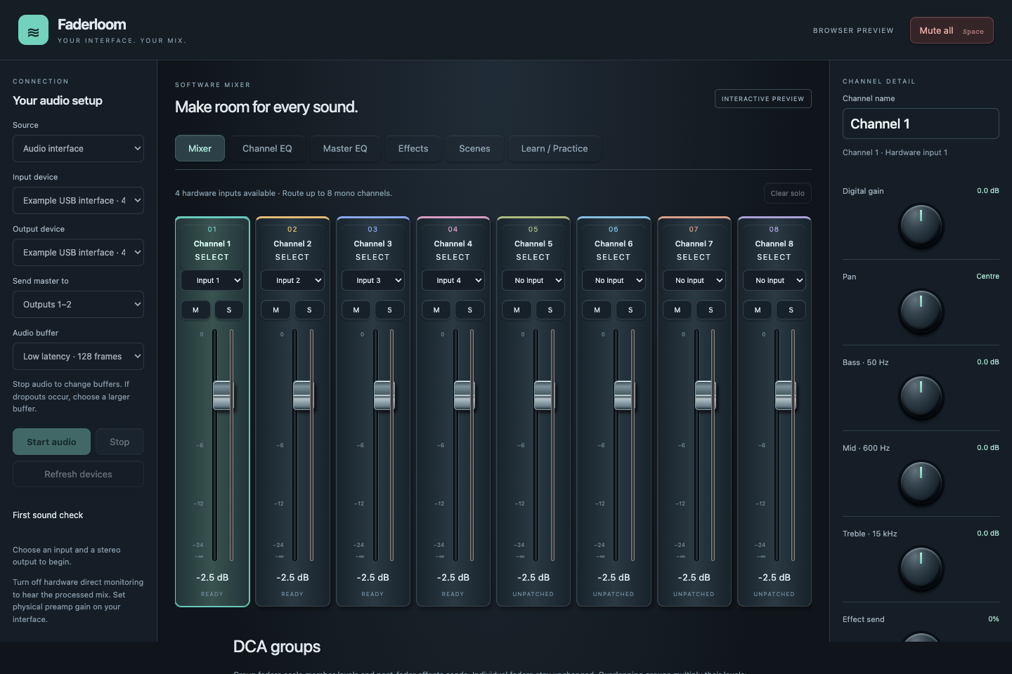 Faderloom desktop mixer with eight channel faders
